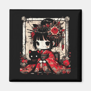 Íman Menina Chibi Kimono Gato Preto Flores Arte Japones