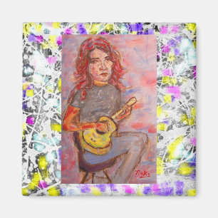 Íman menina com cabelo e o ukulele vermelhos
