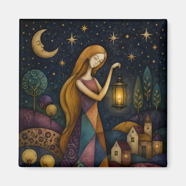 ÍMAN MENINA DA LANTERNA SOB O CÉU ESTRELADO AZUL (Frente)