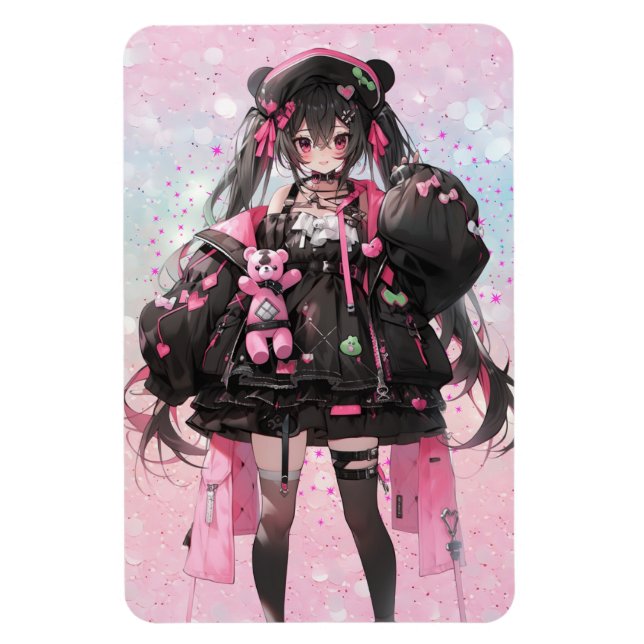 Íman Menina de animação Kawaii em rosa e vestido preto (Vertical)