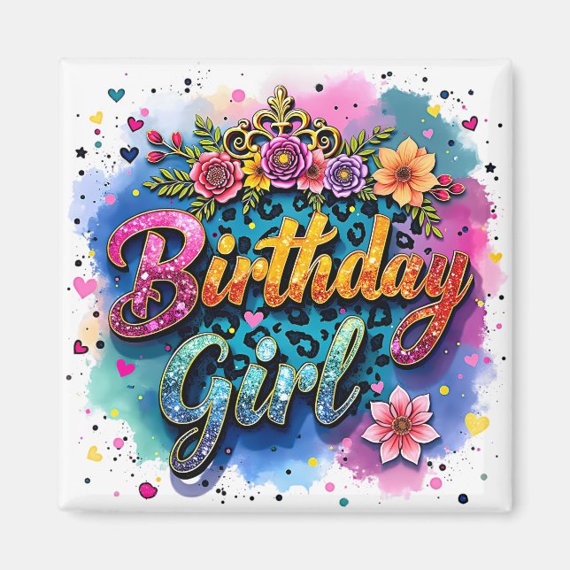Íman Menina de Aniversário Floral Leopardo (Frente)