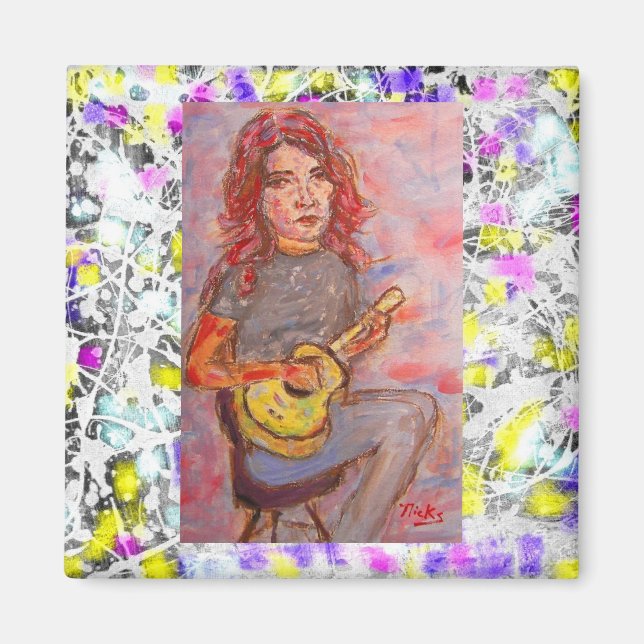 Íman menina de cabelo vermelho e ukulele (Frente)