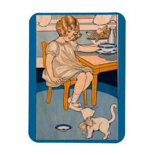 Íman menina do 1920 e seu gato branco pequeno