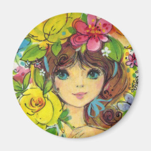 Íman Menina Doce em um Buquê de Flores Ímã