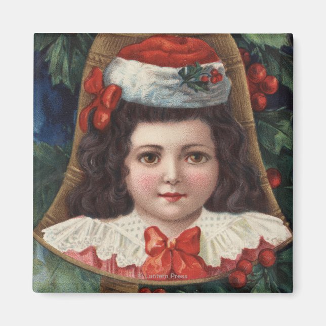 Íman Menina em Santa Hat em Bell (Frente)