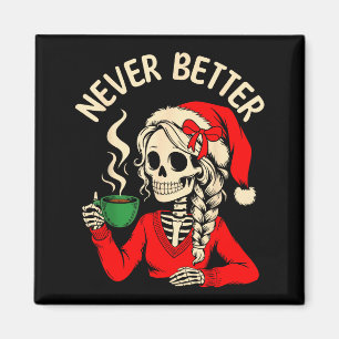 Íman Menina Esqueleto Papai Noel Bebendo Café Natal Div
