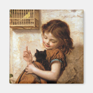 Íman Menina, gato do gatinho & pássaro - pintura do