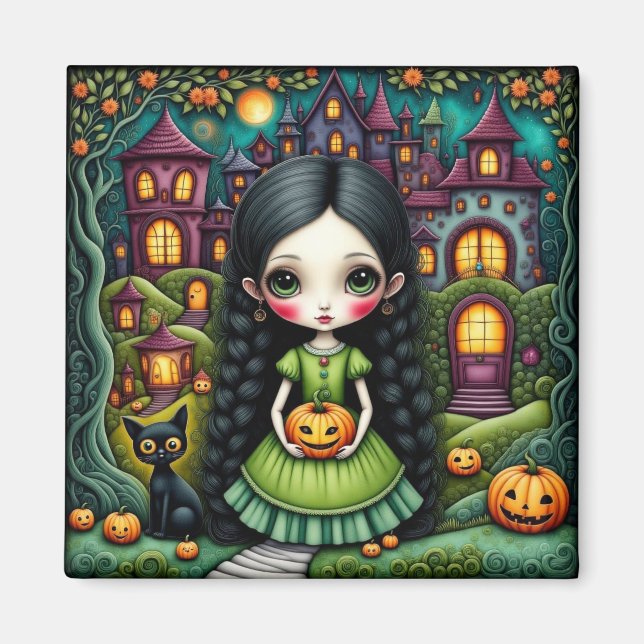 Íman Menina Gótica Fofa Abóbora Vila Halloween (Frente)