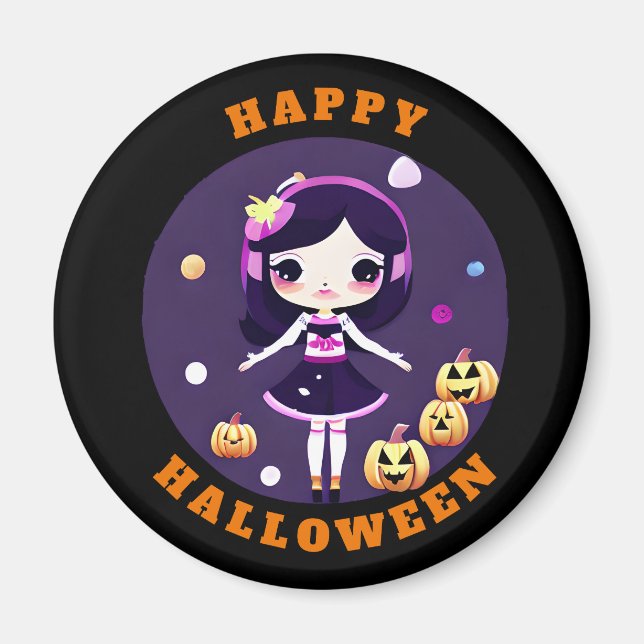 Íman Menina Kawaii Fofa em Abóboras Halloween (Frente)