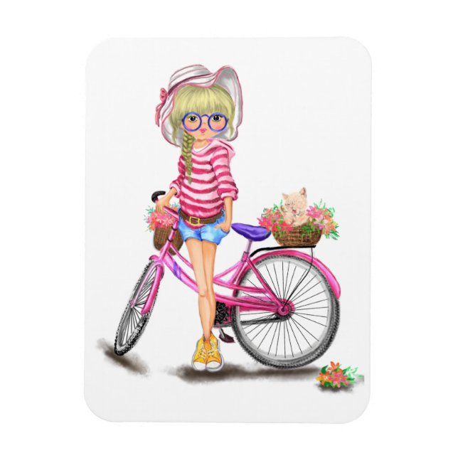Íman Menina Loura-Gira com Bicicleta Rosa e Gato nas Fl (Vertical)