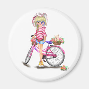 Íman Menina Loura-Gira com Bicicleta Rosa e Gato nas Fl