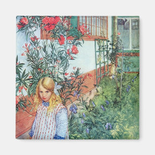 Íman Menina no jardim com flores vermelhas