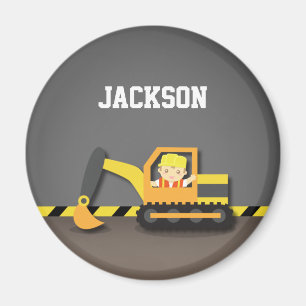 Íman Menino Construtor Escavadeira Laranja Fofo