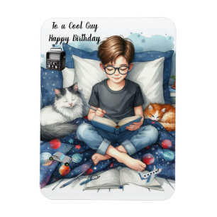Íman Menino Lendo Livros com Gatos de Aniversário 