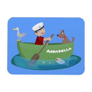 Íman Menino marinheiro fofo e cachorro remando barco de