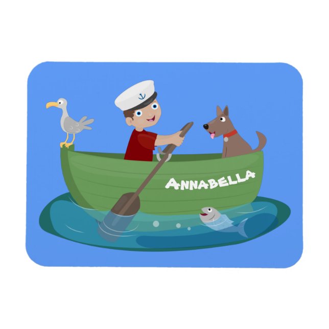 Íman Menino marinheiro fofo e cachorro remando barco de (Horizontal)