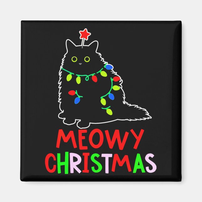 Íman Meowy Christmas Xmas Lights Black Cat Pajamas  (Frente)