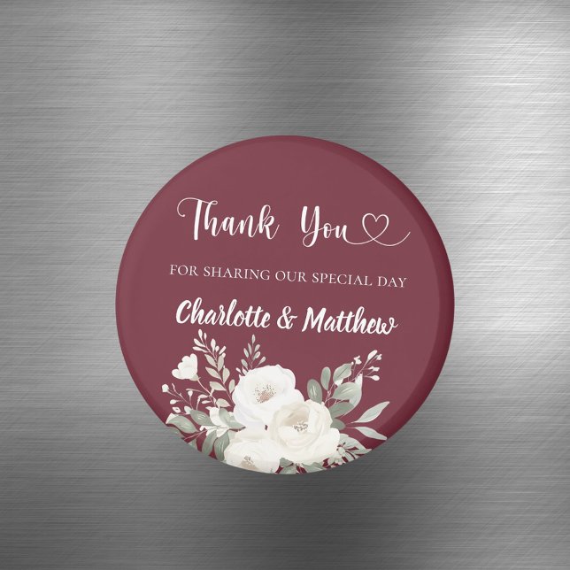 Íman Merlot burgundy white florals thank you wedding (Criador carregado)