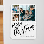 Íman Merry Christmas modern family photo collage<br><div class="desc">Modern stylish Merry Christmas black and white handwritten calligraphy script 3 family photos simple white holiday keepsake festive magnet with your custom personalized text.</div>