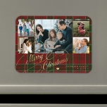 Íman Merry Christmas photo collage rustic plaid<br><div class="desc">Elegant stylish Merry Christmas faux gold classic calligraphy script five family photos red green plaid tartan rustic magnet with your custom personalized text.</div>