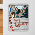 Íman Merry Christmas red photo collage rustic<br><div class="desc">Rustic stylish Merry Christmas handwritten calligraphy script 3 family photos barn wood holiday festive keepsake magnet with your custom personalized text featuring a crimson red holy berries branch.</div>