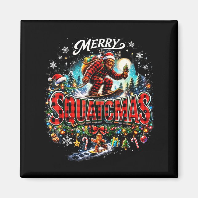 Íman Merry Christmas Squatchmas Funny Bigfoot Snowboard (Frente)