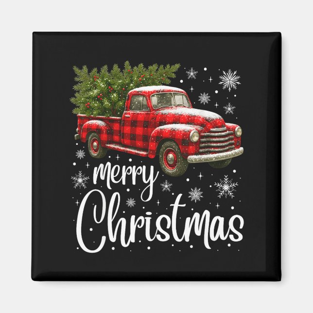 Íman Merry Christmas Truck Buffalo Plaid Xmas Tree Men  (Frente)