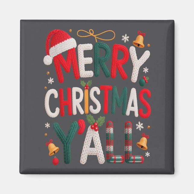 Íman Merry Christmas Y'all Santa Hat Crochet Knitting Q (Frente)