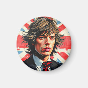 Íman Mick Jagger Rolling Stones em frente a um Union Ja