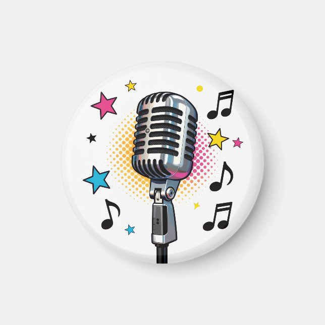 Íman Microfone pop com estrelas coloridas e notas music (Frente)