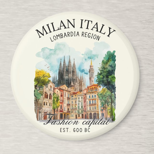 Íman Milan Italy Gift Idea – Watercolor City Landscape (Criador carregado)