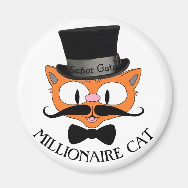 Íman MILLIONAIRE CAT Mustache Cat com chapéu superior (Frente)