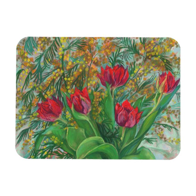 Íman Mimosa e Tulipas, Flores de primavera, Pintura Flo (Horizontal)