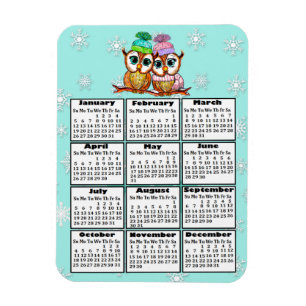 Íman Mini Calendário 2020 - Casal Coruja Teal Snowflak