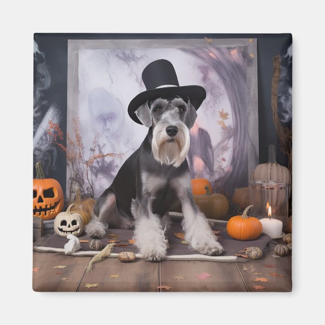 Íman Miniatura Schnauzer Pumpkins Halloween Assustado (Frente)