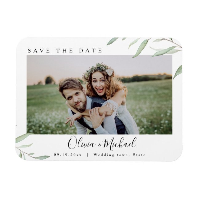 Íman Minimal greenery photo wedding save the date (Horizontal)