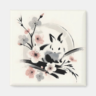Íman Minimalist Zen Ink Bunny Cherry Blossoms