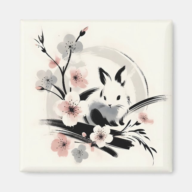 Íman Minimalist Zen Ink Bunny Cherry Blossoms (Frente)