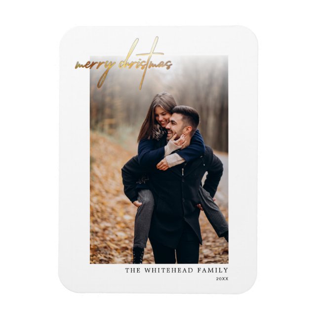 Íman Mínimo Dourado Cartão de Natal de Feliz Branco (Vertical)