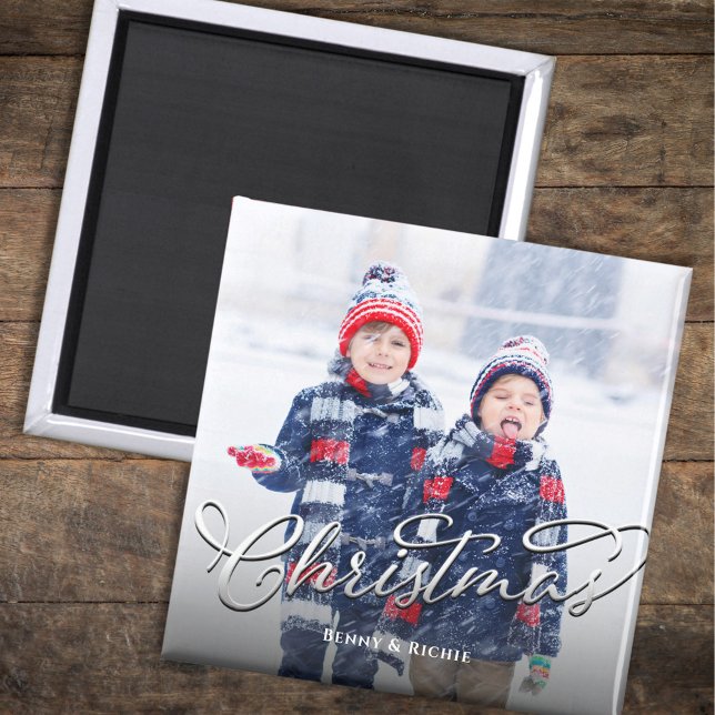 Íman Modelo de Foto de Feliz Natal (Merry Christmas holiday photo magnet with silver calligraphy script. )