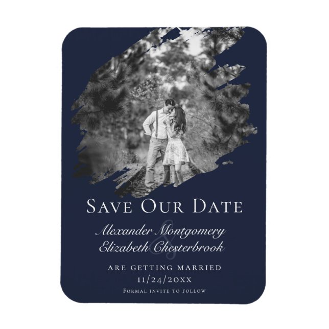 Íman Modern Brushstroke Photo Save the Date Navy Blue (Vertical)