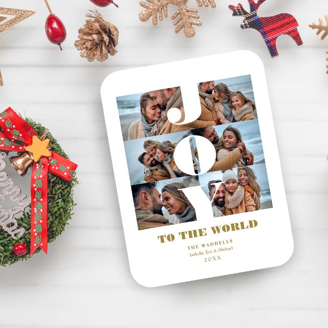 Íman Modern Christmas Joy to the World Quote 6 Photos (Modern Christmas Joy to the World Quote 6 Custom Photos Collage Holiday Card Magnet.)