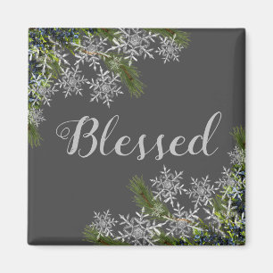 Íman Modern Gray Blessed Snowflake & Pine Winter Magnet