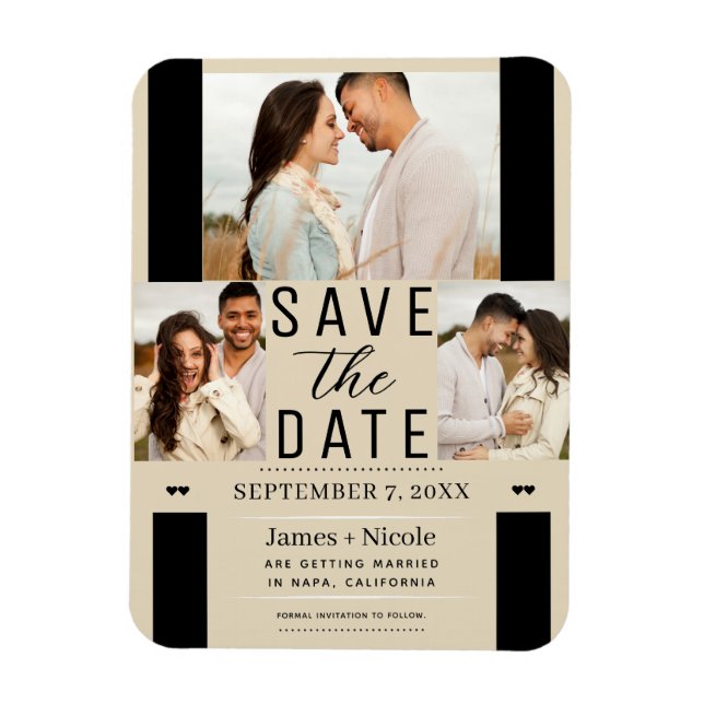 Íman Modern Light Tan Save the Date 3 Photo Wedding (Ca (Vertical)