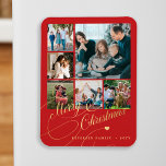 Íman Modern Merry Christmas red photo collage<br><div class="desc">Elegant stylish Merry Christmas faux gold classic calligraphy script six family photos red holiday festive keepsake magnet with your custom personalized text.</div>