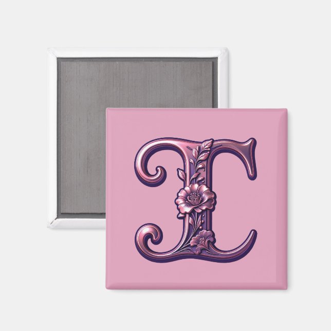 Íman Modern Metallic Rosemaling Letter I, Pink/Purple (Front/Back)