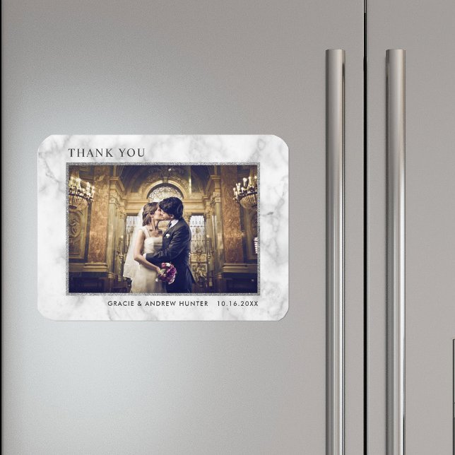 Íman Modern White Marble Silver Glitter Obrigado Foto (Criador carregado)