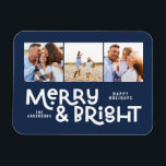 Íman Moderna e mínima tipografia 3 fotos, diversão de N<br><div class="desc">Tudo pode não estar calmo,  mas tudo ainda pode ser brilhante com este divertido cartão de Natal colorido. Com espaço para 3 fotografias quadradas,  disponível numa seleção de cores.</div>