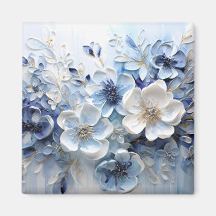 Íman Moderno Botânico Floral Azul Branco Elegante