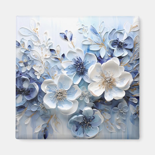Íman Moderno Botânico Floral Azul Branco Elegante (Frente)